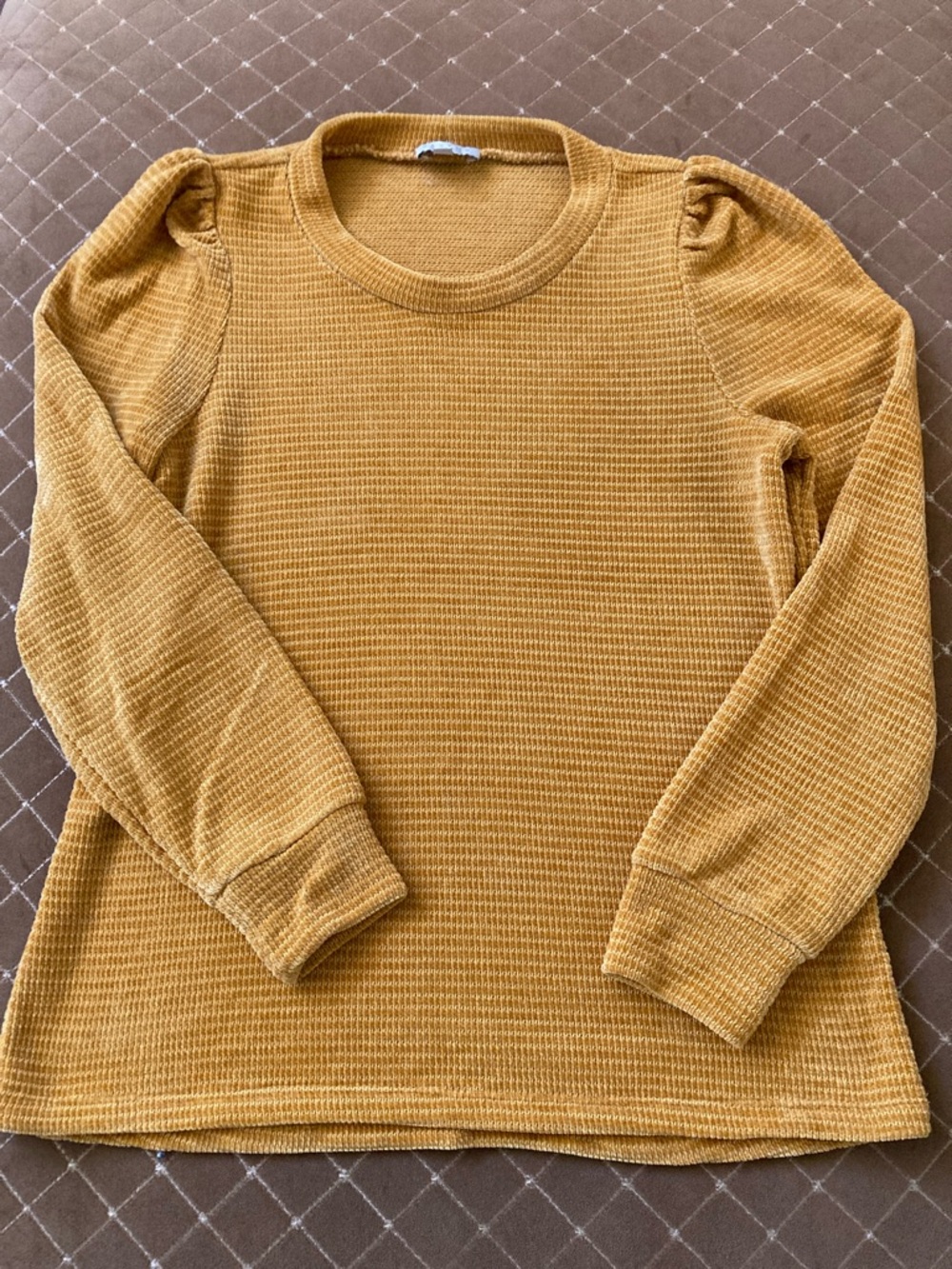 Waffle Knit Puff Shoulder Crewneck Sweater in Mustard